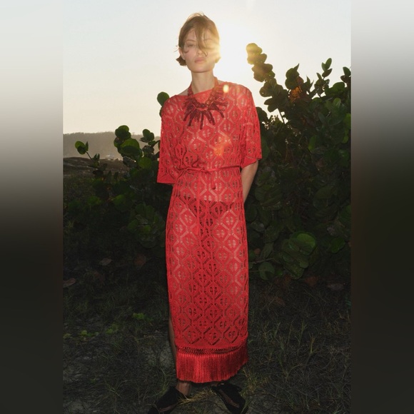 Fringed open knit tunic dress semi sheer - Picture 1 of 5